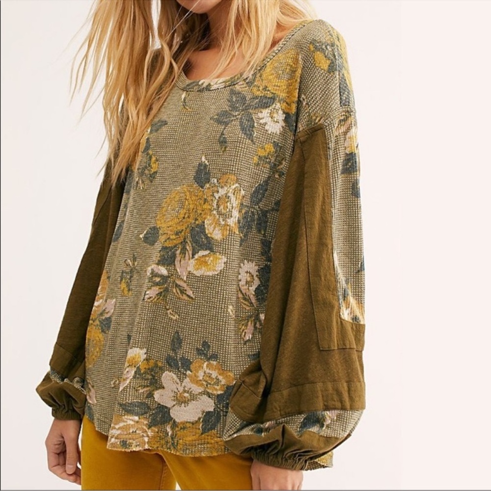 Free People Flower Patch Blouse Waffle Thermal Balloon‎ Sleeve Green XS
